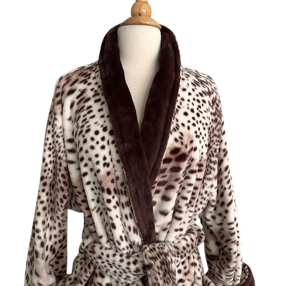 NATORI Animal Print Snow Leopard Plush Long Wrap Robe Loungewear Neutral Size XL - Picture 4 of 16